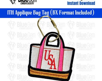 In-The-Hoop Tote Bag Tag Embroidery Design – Applique Luggage Charm, 4 Sizes, BX Format Included (Instant Download)