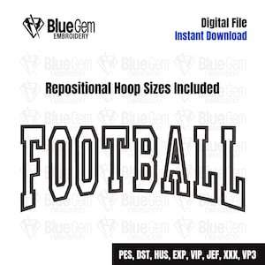 May include: Black and white embroidery design of the word "FOOTBALL" in a bold, blocky font. The design is suitable for use on apparel, home decor, or other crafts.