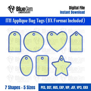 Puede incluir: Archivo digital para etiquetas de bolso ITH. La imagen muestra siete formas diferentes: una etiqueta, un c&iacute;rculo, un coraz&oacute;n, otra etiqueta, un &oacute;valo, un rect&aacute;ngulo y una estrella. Cada forma tiene un contorno azul y un patr&oacute;n de cuadr&iacute;cula amarilla. El texto dice "Blue Gem Embroidery".