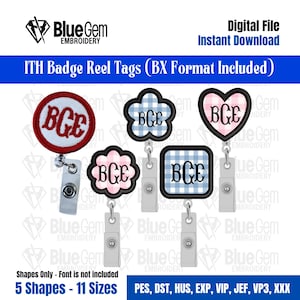May include: Five embroidered badge reel tags in circular, flower, heart, and square shapes with black borders. Each tag features a white center with a blue or pink gingham pattern and the black monogram letters BGE. Includes metal clips.