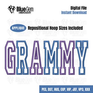 Pode incluir: Design de aplique bordado da palavra "GRAMMY" em letras azuis e roxas com contornos brancos. O design é adequado para máquinas de bordado e inclui tamanhos de aro reposicionáveis.
