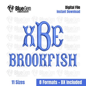 Może przedstawiać: Cyfrowy plik hafciarski przedstawiający niebieskie litery monogramu XBE oraz nazwę BROOKFISH w stylizowanej czcionce. Obraz zawiera tekst BlueGem EMBROIDERY, Digital File, Instant Download, 11 Sizes, 8 Formats + BX Included.