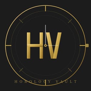May include: Gold-colored HV initials inside a gold-lined circle, set against a black background. The design includes a clock-like graphic with the words "HOROLOGY VAULT" at the bottom. The overall aesthetic is elegant and sophisticated.