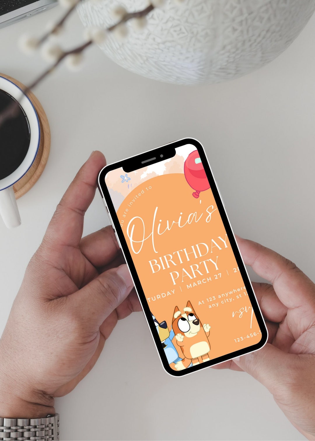 Bluey and Bingo Invitation, Digital Invitation Template, Bingo Orange