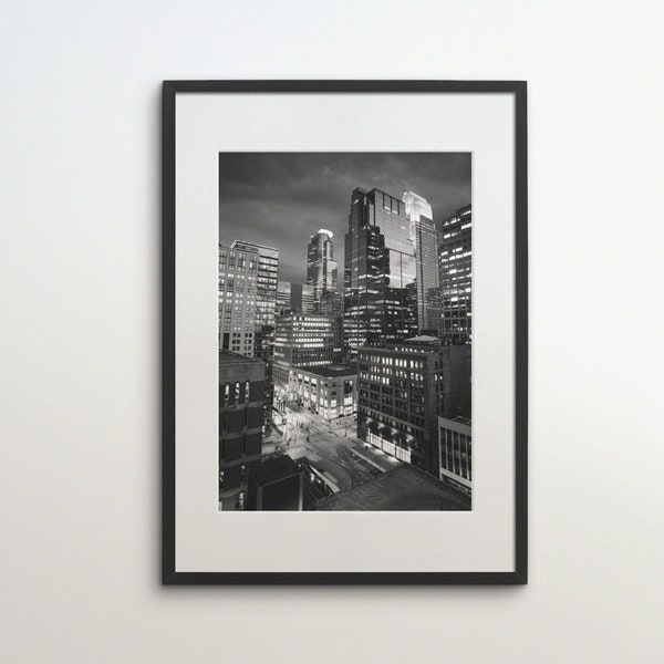 Minneapolis, Minnesota, Cityscape, United States, Instant Download, Black White Photography, Wall Art, USA Travel Poster, Night Skyline