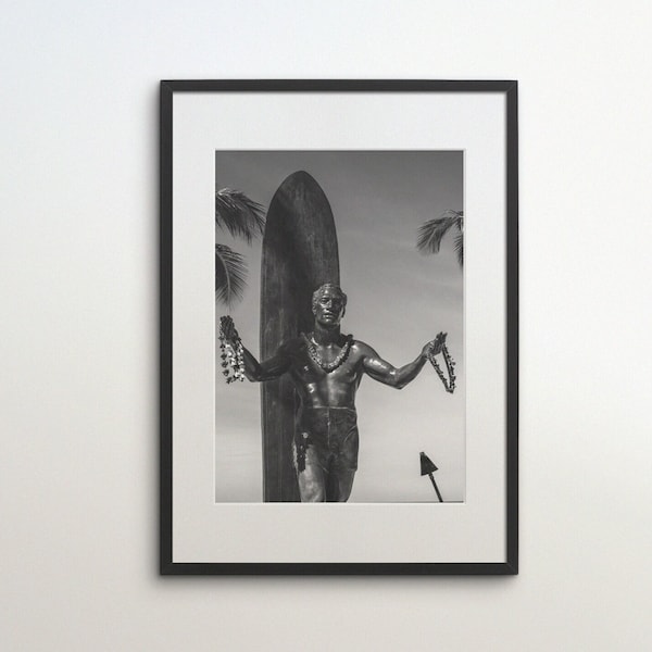 Hawaii, Waikiki Beach Surf Statue, United States, Instant Download, Black White Photography, Wall Art, USA Travel Poster, Beach Vibe