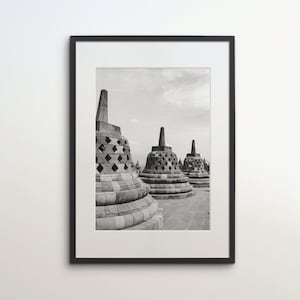 Java, Indonésie, temple de Borobudur, téléchargement immédiat, photographie en noir et blanc, art mural, affiche de voyage, impression d'art Indonésie, complexe de temples