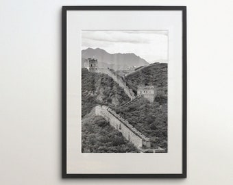Chinese muur, Peking, instant download, zwart-witfotografie, kunst aan de muur, reisposter, Chinese kunstafdruk