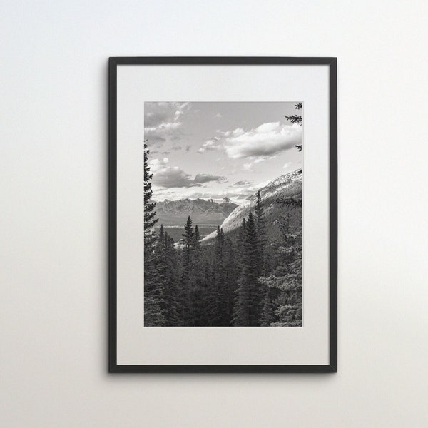 Canada, Alberta, Banff, Téléchargement instantané, Photographie noir et blanc, Art mural, Affiche de voyage, Photo de forêt, Nature Art Print, Paysage