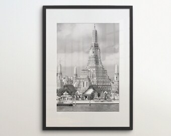 Bangkok, Thailand, Wat Arun Temple, Instant Download, Black White Photography, Wall Art, Travel Poster, Thai Art Print