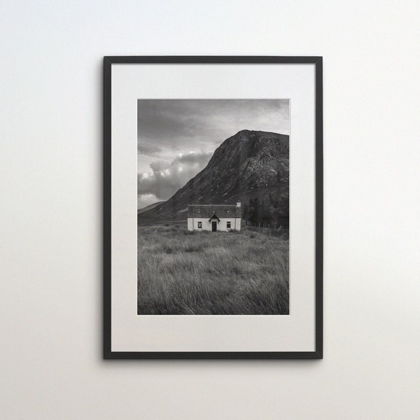 Scotland, Glencoe, Cottage, UK, Instant Download, Black White Photography, Wall Art, Travel Poster, Art Print, Scottish Highlands, Nature