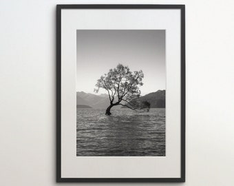 New Zealand, Wanaka Tree, Instant Download, Black White Photography, Wall Art, Travel Poster, New Zealand Art Print, Lake, South Island