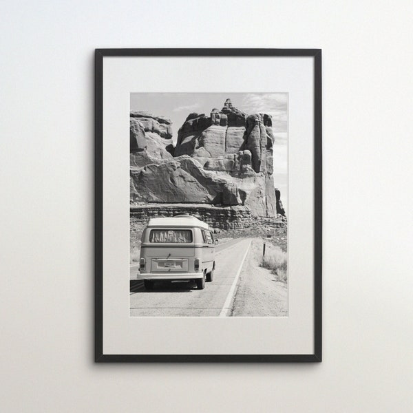 Arches National Park, Utah, Camper Van, United States, Instant Download, Black White Photography, Travel Poster, USA Art Print, Moab