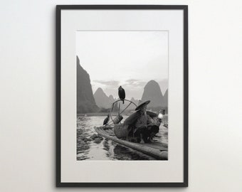 Guilin, China, Yangshuo, Instant Download, Black White Photography, Wall Art, Travel Poster, China Art Print, Li River, Fisher