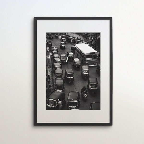 Mumbai, India, Street, Tuk Tuk, Instant Download, Black White Photography, Wall Art, Travel Poster, Indian Art Print, Traffic