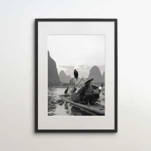 Guilin, China, Yangshuo, Instant Download, Black White Photography, Wall Art, Travel Poster, China Art Print, Li River, Fisher