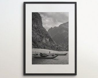 Laos, Mountain River, Jungle, Instant Download, Black White Photography, Wall Art, Travel Poster, Laos Art Print, Canoes