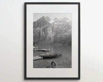 Switzerland, Lake Oeschinen, Swiss Alps, Instant Download, Black White Photography, Wall Art, Travel Poster, Switzerland Art Print