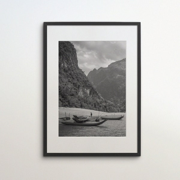 Laos, Mountain River, Jungle, Instant Download, Black White Photography, Wall Art, Travel Poster, Laos Art Print, Canoes