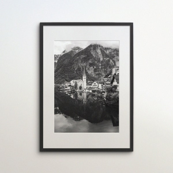 Hallstatt, Austria, Old Town, Instant Download, Black White Photography, Wall Art, Travel Poster, Germany Art Print, Alps