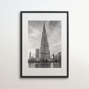 Dubai, Burj Khalifa, Skyscraper, Instant Download, Black White Photography, Wall Art, Travel Poster, UAE Art Print, Architecture