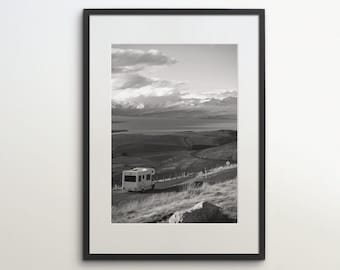 New Zealand, Lake Tekapo, Road Trip, Instant Download, Black White Photography, Wall Art, Travel Poster, New Zealand Art Print, Motorhome