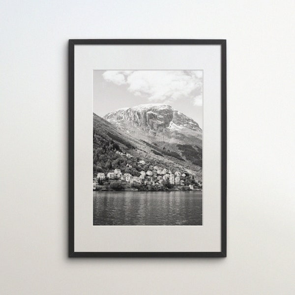 Norway, Fjord Town, Odda, Instant Download, Black White Photography, Wall Art, Travel Poster, Norwegian Art Print, Scandinavia