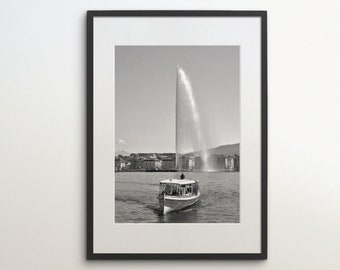 Ginevra, Svizzera, Fontana del lago, Download istantaneo, Fotografia in bianco e nero, Arte murale, Poster di viaggio, Stampa artistica svizzera, Barca