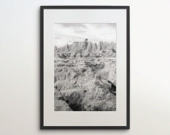 Parque Nacional Badlands, Dakota del Sur, Estados Unidos, Descarga instantánea, Fotografía en blanco y negro, Póster de viaje, Impresión artística de EE. UU., Pináculos