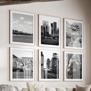 Des Moines Black & White Wall Art Set of 6, Des Moines City Prints, Instant Download, Gallery Wall Set, Iowa Posters, Travel Photography