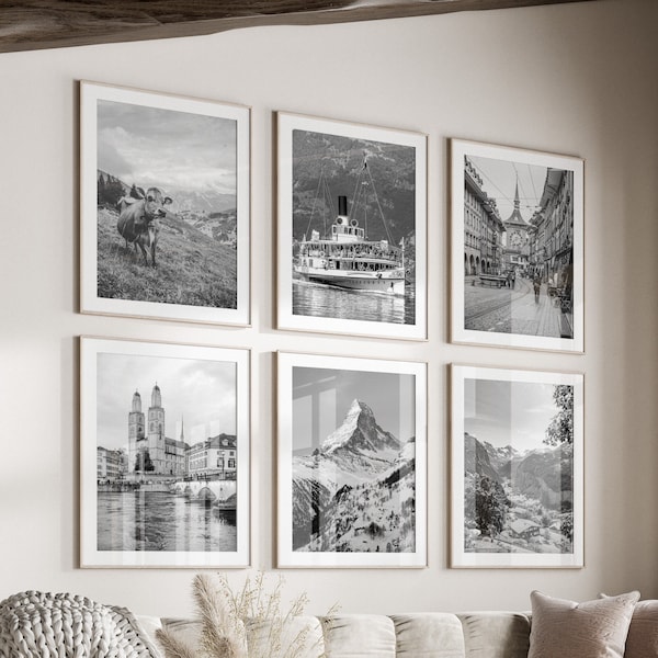 Switzerland Black & White Wall Art Set of 6, Switzerland Prints, Instant Download, Gallery Wall Set, Swiss Posters, Travel Photography