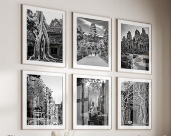 Angkor Wat Black & White Wall Art Set of 6, Siem Reap Prints, Instant Download, Gallery Wall Set, Cambodia Posters, Travel Photography