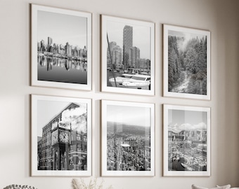 Vancouver Black & White Wall Art Set of 6, Canada Prints, Instant Download, Gallery Wall Set, Vancouver City Posters, British Columbia