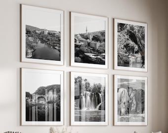 Bosnia and Herzegovina Black & White Wall Art Set of 6, Bosnia Prints, Instant Download, Gallery Wall Set, Balkans Posters, Europe