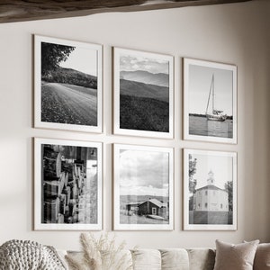 Vermont State Black & White Wall Art Set de 6, Vermont VT Prints, Descarga instantánea, Gallery Wall Set, Cartel del bosque de otoño, Estados Unidos