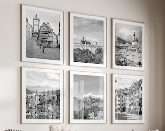 Alemania Conjunto de arte de pared en blanco y negro de 6, Impresiones de Alemania, Descarga instantánea, Conjunto de pared de galería, Carteles de Alemania, Fotografía de viajes