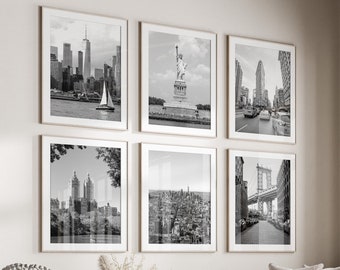 New York City Black & White Wall Art Set of 6, NYC Prints, Instant Download, Gallery Wall Set, Manhatten Posters, Statue of Liberty