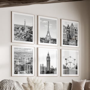Cities of Europe Black & White Wall Art Set of 18, Europe City Prints, Instant Download, Paris, London, Amsterdam, Barcelona, Rome and more