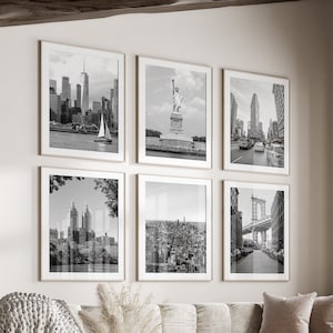 Conjunto de arte de pared en blanco y negro de la ciudad de Nueva York de 6, impresiones de Nueva York, descarga instantánea, conjunto de pared de galería, carteles de Manhattan, Estatua de la Libertad