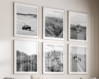 South Dakota State Black & White Wall Art Set of 6, South Dakota SD Prints, Instant Download, Gallery Wall Set, Dakota Posters, Badlands