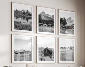 Grand Teton National Park Black & White Wall Art Set of 6, Mountain Range Prints, Wyoming, Gallery Wall Set, National Park Posters