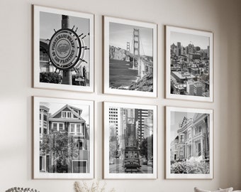 San Francisco Black & White Wall Art Set of 6, San Francisco Prints, Instant Download, Gallery Wall Set, California Posters, Golden Gate