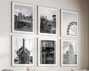 Conjunto de 6 impresiones de Bristol en blanco y negro, descarga instantánea, pósteres de galería, pósteres del Reino Unido, Inglaterra