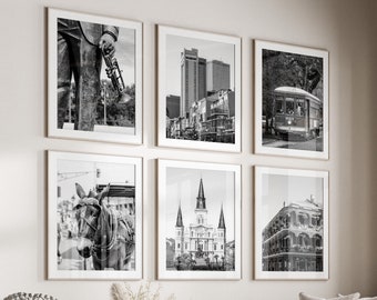 New Orleans Black & White Wall Art Set of 6, New Orleans City Prints, Instant Download, Gallery Wall Set, Louisiana Posters
