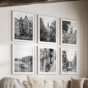 Amsterdam Black & White Wall Art Set de 6, Amsterdam City Prints, Descarga instantánea, Gallery Wall Set, Póster de los Países Bajos, Fotografía de viajes