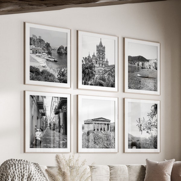 Sicily Italy Black & White Wall Art Set of 6, Sicily Prints, Instant Download, Gallery Wall Set, Palermo Posters, Travel Photography, Europe
