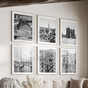 Barcelona Black & White Wall Art Set de 6, Impresiones de la ciudad de Barcelona, Descarga instantánea, Conjunto de pared de galería, Carteles de España, Fotografía de viajes