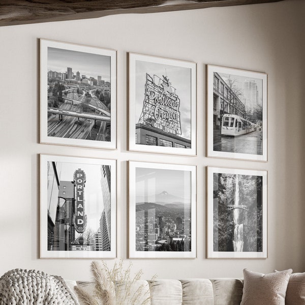 Portland City Black & White Wall Art Set of 6, Portland OR Prints, Instant Download, Gallery Wall Set, Oregon Posters, Travel Photography