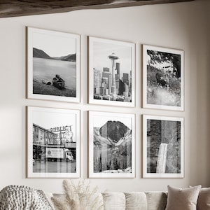 Conjunto de arte de pared en blanco y negro del estado de Washington de 6, impresiones de Washington WA, descarga instantánea, conjunto de pared de galería, carteles del Monte Rainier, Seattle