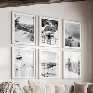 Whistler Black & White Wall Art Set von 6, Kanada Winter-Drucke, sofortiger Download, Galerie-Wand-Set, British Columbia, Ski-Resort